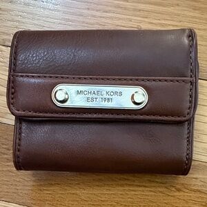 Michael Kors Dark Brown Leather Trifold Wallet with Gold Plate